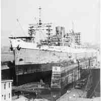 B+W photo of an unknown freighter in dry dock no. 2, Hoboken, no date, ca. 1940.