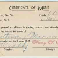 Certificate of Merit, Honor Roll, for Katherine Marinovich, Grade 6B, Public School No. 6, Hoboken, Nov. 1945.