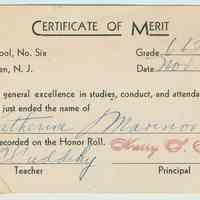 Certificate of Merit, Honor Roll, for Katherine Marinovich, Grade 6B, Public School No. 6, Hoboken, Nov. 1945.