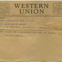 Telegram to Miss Laura Louise Bender, S.S. President Harding, Pier 4, Hoboken, N.J., June 21, 1927, with bon voyage message.