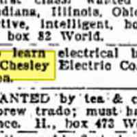          Chesley classified ad for salesmen: The World, N.Y. Dec. 23, 1893, pg12
   