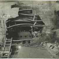 B+W photo of interior view of structural damage & repairs in an unidentified vessel at the Bethlehem Steel Shipyard, Hoboken, no date, ca. 1940.