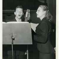 Sinatra photo: Frank Sinatra & Dinah Shore in recording session for Damon Runyon Memorial Fund benefit record, Hollywood, CA, April 25, 1947