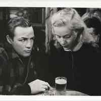 B+W publicity photo of Marlon Brando as Terry Malloy, Eva Marie Saint as Edie Doyle in film "On the Waterfront," Hoboken, no date, ca. 1953-1954.