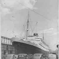 B+W photo of the S.S. Nieuw Amsterdam, Holland-America Line at a Hoboken pier, Hoboken, no date, ca. 1940.