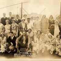 B+W panoramic group photo of employees of the Arvey Co. assembled prior to an outing, Hoboken, July 9, 1932.