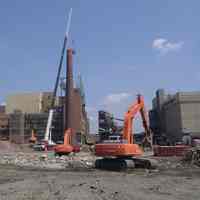 Digital images, 17, of demolition starting on Maxwell House Coffee plant brick smokestack, Hoboken, July 27, 2004.