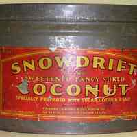 Can: Snowdrift Brand Coconut, 10 Pounds; Franklin Baker Div., General Foods, Hoboken, n.d., ca. 1928-1940.