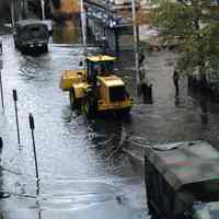 Color photos, 5, of flooding from Hurricane Sandy on 1st St., Adams to Grand Sts., Hoboken, Oct. 30, 2012.