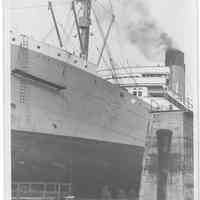 B+W photo of a port bow view of the S.S. Pastores in dry dock, Hoboken, no date, ca. 1940.