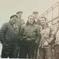 B+W group photo of "On the Waterfront" filming in Hoboken:Marlon Brando is third from the left, Hoboken, no date, ca. late 1953-early 1954.