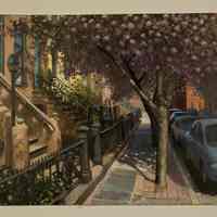 Digital images, 2, of Frank Hanavan painting of cherry trees on Tenth Street, dated 4-25-06, Hoboken, 2006.