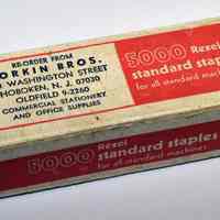 Box of Rexel standard desk staples from Sorkin Bros., 400 Washington St., Hoboken, N.J. No date, circa 1960s.