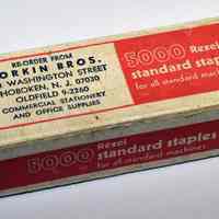 Box of Rexel standard desk staples from Sorkin Bros., 400 Washington St., Hoboken, N.J. No date, circa 1960s.