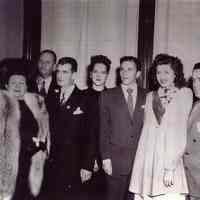 B+W copy print of Mayor Fred DeSapio with Frank Sinatra et al at City Hall, Hoboken, Oct. 30,1947.