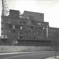 Digital image of B+W photo of former Maxwell House Coffee plant exterior, looking south at north wall of Manufacturing Building, Hoboken, 2003.