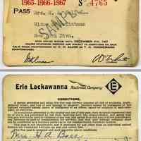 Pass, railroad: Erie Lackawanna Railroad Co.; good for years 1965-1966-1967. Inkstamped: SAMPLE.