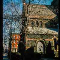 Color slide of eye-level view of the rear entrance of the Church of the Holy Innocents at 534 Willow taken from 6th between Clinton and Willow looking E