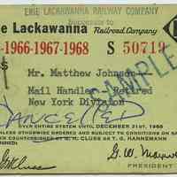 Pass, railroad: Erie Lackawanna Railway Co. successor to Erie Lackawanna Railroad Co.; good for years 1965-1966-1967-1968. Inkstamped: SAMPLE.