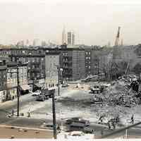 Digital images, 2, of b+w photos of demolition at northern end of the block south of Sixth St. between Clinton & Grand Sts., Hoboken, ca. 1963.