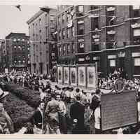 B+W photo of Hoboken Baseball Centennial Parade float, 11th St. & baseball plaque, Hoboken, June 19, 1946.