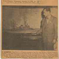 Newspaper clipping with captioned photo of two models seen in exhibit at Lackawanna Terminal, Feb. 1950.