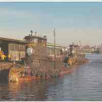 Digital image of postcard of two Erie-Lackawanna tugboats docked at the Hoboken Terminal, Hoboken, Feb. 1974.