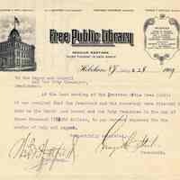 Letter to Mayor & Hoboken City Council from Board of Free Public Library Trustees, requisition for current expenses, July 28, 1909.