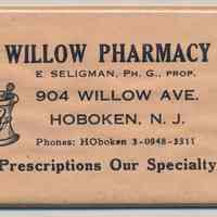 Pocket mirror advertising Willow Pharmacy, 904 Willow Ave., Hoboken, no date, ca. 1950-60.