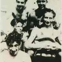 Copy photo of Frank Sinatra in a group of young men in swimsuits, no date, ca. 1930-35.