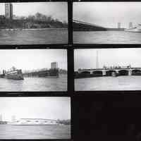 Digital images of B+W contact sheet with five images of the Hoboken waterfront, Hoboken, circa 1987.