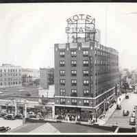 B&W photo of the mixed-use Hotel Plaza at 91 Sip Avenue, Jersey City.