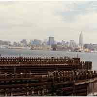 Color photos, 3, of Hudson River & N.Y. City from a ferry slip in the former ferry section of Hoboken Terminal, Hoboken, Oct. 1984.