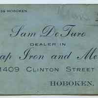 Trade card: Sam DeTuro, Dealer in Scrap Iron and Metals, 1409 Clinton Street, Hoboken, N.J.