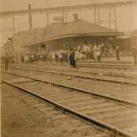 Sepia-tone photo of Hoboken Station, N.J. Junction R.R., Division St., Hoboken, n.d., ca. 1905-1910.