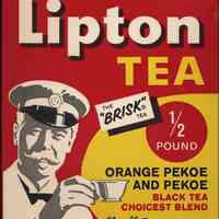 Box: Lipton Tea, Orange Pekoe and Pekoe Black Tea. Manufactured in Hoboken, N.J. N.d., ca. 1950-1963..