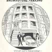 Pen-and-ink drawing: Luxury Brownstone Parking. Artist: Randy Hoppe, Hoboken, no date, circa 1990-1991.