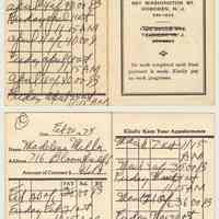 Appointment card of Madeline Miller for Dr. Edward Becker, Dentist, 801 Washington St., Hoboken, Feb.-Apr.25, 1975.