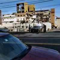 Color photo of demolition at northeast corner of former Maxwell House Coffee plant seen from Hudson St., Hoboken, 2004.