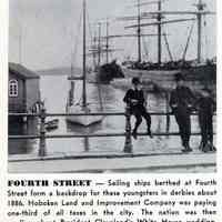 Reference image: View of sailing ships berthed at Fourth Street piers with young men in derbies in foreground, ca. 1886.