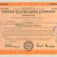Stock certificate, temporary: United States Lines Co., N.Y. & Hoboken, for 100 shares, July 22, 1943.