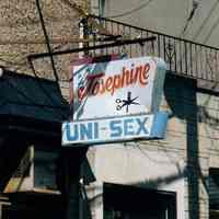 Color photo of hanging sign for Josephine Hair Sylist, 108 Fourth St., Hoboken, Sept. 1-5, 2001.