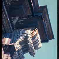 Color slide of detail view of cornice, dentil and bracket on an unidentified building on Washington between 2nd and 3rd