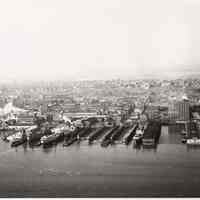 Black-and-white aerial photo of northern waterfront looking west - southwest, Hoboken, Jan. 21, 1955.