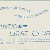 Ticket to the Forty-Second Annual Regatta and Moonlight Excursion of the Atlantic Boat Club, Saturday, July 14, 1900.