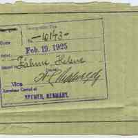 Passport leaf with immigration visa stamp for a Helene Fahme(?) issued by Vice American Consul at Bremen, Germany, Feb. 19, 1925.