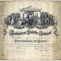 Certificate: Hoboken Public School, Testimonial of Merit given to John Frances Hildemann by Board of Education, July 9, 1875.