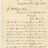 Note from City Clerk, Jersey City to J.H. Bonn, Pres., N. Hudson Rwy Co., re ordinance approving elevated line, Dec. 17, 1884.
