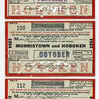 Tickets, transportation, 3: Delaware, Lackawanna & Western R.R. Restricted Monthly Commutation Ticket between Morristown & Hoboken, for Feb.; Nov.; Oct. 1954.