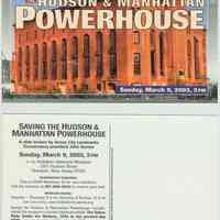 Postcard: announcement for lecture "Saving the Hudson & Manhattan Powerhouse," Sunday, March 8, 2003 at the Hoboken Historical Museum, 2003.